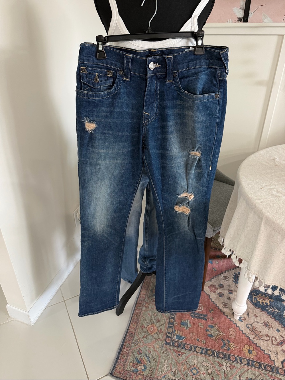 True Religion Ricky Relaxed Straight Distressed Jeans Size 31x33 Flap Pocket